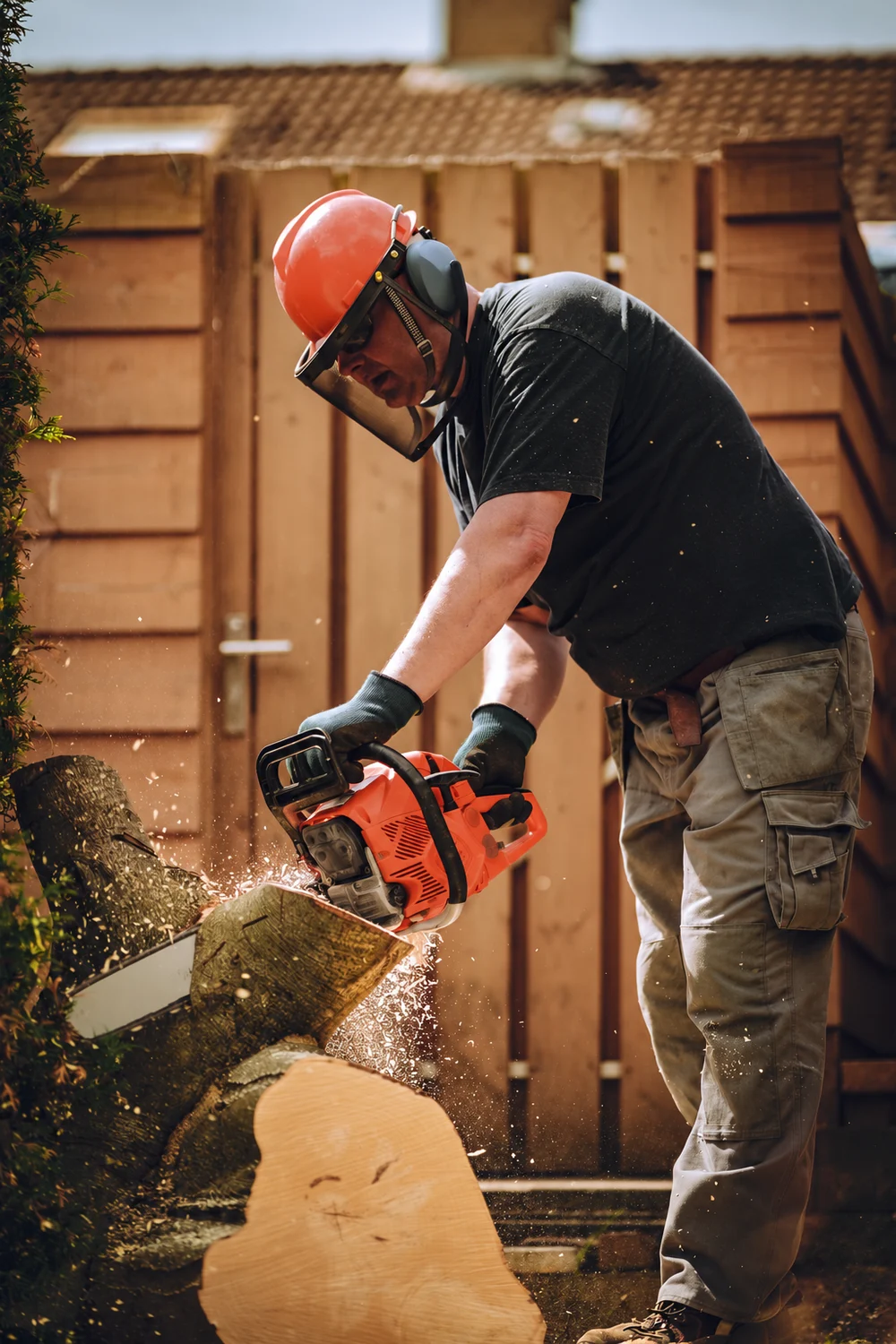 Tree worker cutting a fallen trunk into sections