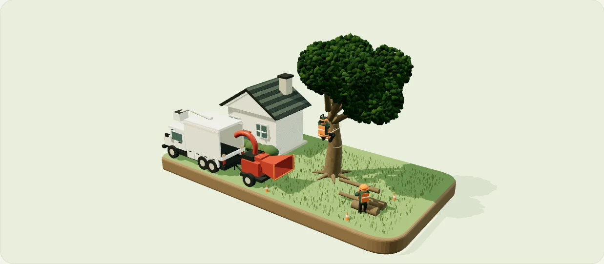 Tree-service crew, climber, truck and chipper